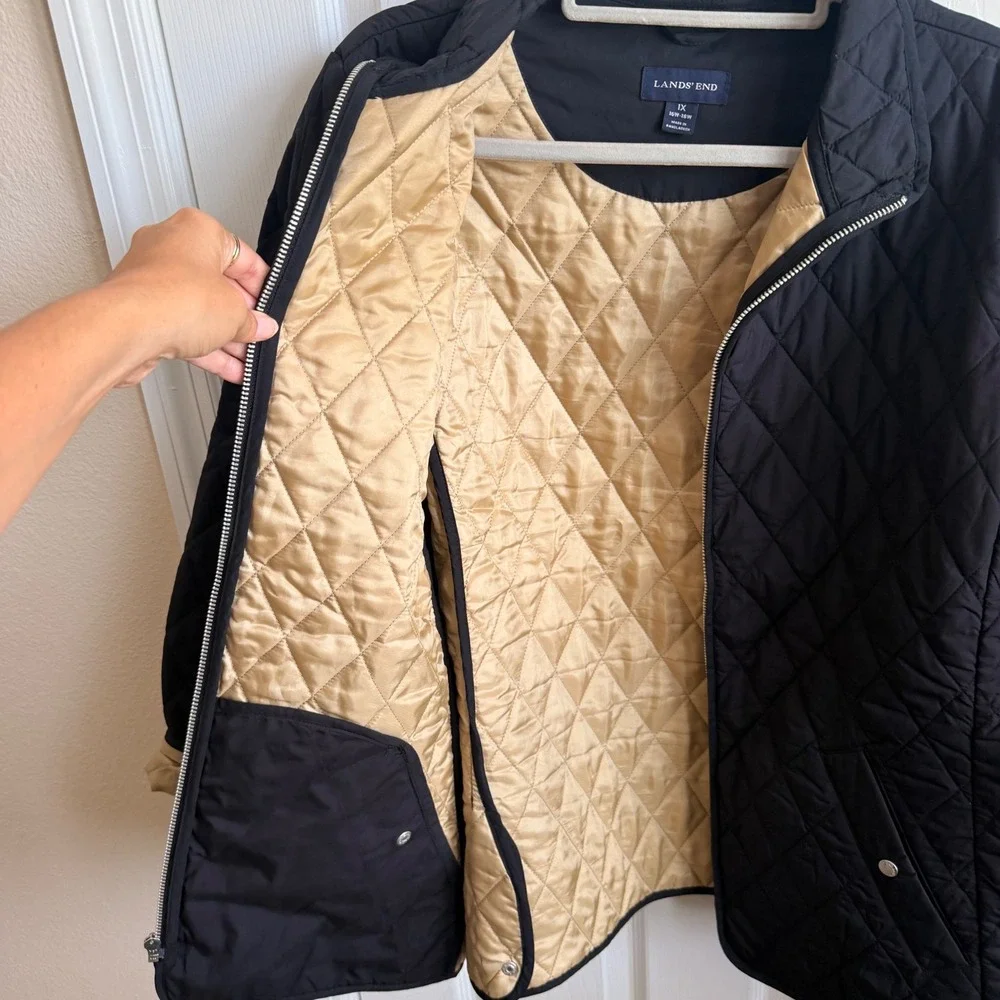 Lands End Black Quilted Barn Jacket Womens 1X 16W-18W Full Zip Tan Lining